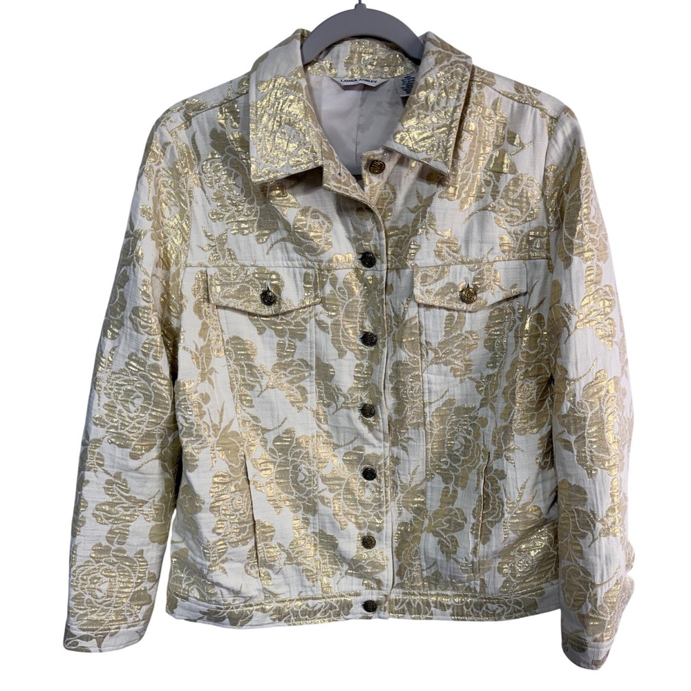 Vintage Laura Ashley Jacket Gold Floral Demask Brocade Women's S Cream Career